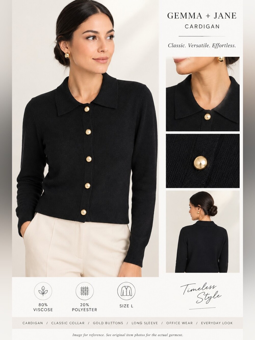 Gemma + Jane Black Button-Front Cardigan with Gold Buttons Sz L Elegant Preppy